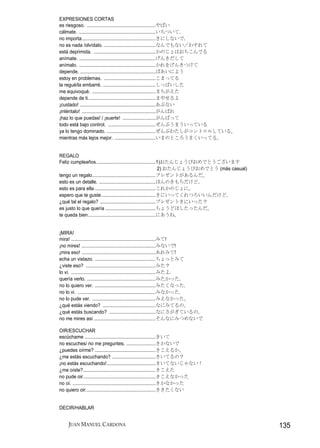 EXPRESIONES CORTAS
es riesgoso. ....................................................やばい
cálmate. ..........................................................いちついて.
no importa........................................................きにしないで.
no es nada /olvídalo. .......................................なんでもない／わすれて
está deprimida. ...............................................かのじょはおちこんでる
anímate. ..........................................................げんきだして
anímalo. ..........................................................かれをげんきつけて
depende. .........................................................ばあいによう
estoy en problemas. .......................................こまってる
la regué/la embarré. ........................................しっぱいした
me equivoqué. ................................................まちがえた
depende de ti. ..................................................まやせるよ
¡cuidado! .........................................................あぶない
¡inténtalo! ........................................................がんばれ
¡haz lo que puedas! / ¡suerte! .........................がんばって
todo está bajo control. ....................................ぜんぶうまういっている
ya lo tengo dominado. .....................................ぜんぶわたしがコントロルしている。
mientras más lejos mejor. ...............................いまのところうまくいってる。


REGALO
Feliz cumpleaños.............................................1)おたんじょうびおめでとうございます
                                                                 2) おたんじょうびおめでとう (más casual)
tengo un regalo................................................プレゼントがあるんだ。
esto es un detalle. ...........................................ほんのきもちだけど。
esto es para ella ..............................................これかのじょに。
espero que te guste .........................................きにいってくれつろいいんだけど。
¿qué tal el regalo? ..........................................プレゼントきにいった？
es justo lo que quería ......................................ちょうどほしたったんだ。
te queda bien ...................................................にあうね。


¡MIRA!
mira! ................................................................みて!
¡no mires! ........................................................みないで!
¡mira eso! ........................................................あれみて!
echa un vistazo. ..............................................ちょっとみて
¿viste eso? .....................................................みた？
lo vi. ................................................................みたよ.
quería verlo. ....................................................みたかった.
no lo quiero ver. ..............................................みたくなった.
no lo vi. ...........................................................みなかった.
no lo pude ver. ................................................みえなかった。
¿qué estás viendo? ........................................なにみてるの。
¿qué estás buscando? ...................................なにさがぎているの。
no me mires así ...............................................そんなにみつめないで

OIR/ESCUCHAR
escúchame ......................................................きいて
no escuches/ no me preguntes. ......................きかないで
¿puedes oírme? ..............................................きこえるか。
¿me estás escuchando? .................................きいてるの？
¡no estás escuchando!.....................................きいてないじゃない！
¿me oíste?.......................................................きこえた
no pude oir.......................................................きこえなかった
no oí. ...............................................................きかなかった
no quiero oir.....................................................ききたくない


DECIR/HABLAR


    JUAN MANUEL CARDONA                                                                         135
 