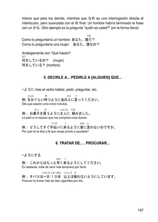 mismo que para los demás, mientras que なの es una interrogación directa al
interlocutor, pero suavizada con el の final. Un hombre habría terminado la frase
con un かな. Otro ejemplo es la pregunta "quién es usted?" (en la forma llana):

                                                      だれ
Como lo preguntaría un hombre: あなた、誰だ？
Como lo preguntaría una mujer: あなた、誰なの？

Análogamente con "Qué haces?:
なに
何をしているの？ (mujer)
何をしている？ (hombre)


                 5. DECIRLE A... PEDIRLE A [ALGUIEN] QUE...


~ように mas el verbo hablar, pedir, preguntar, etc.
     ごふん          ま                   ひと   い
例: 五分ぐらい待つようにあの人に言ってください。
Dile que espere unos cinco minutos.
           かし    か            しゅじん     たの
例： お菓子を買うように主人に 頼みました。
Le pedí a mi esposo que me comprara unos dulces.
                       てつだ        く            かれ   い
例： どうしてすぐ手伝いに来るように彼に言わないのですか。
Por qué no le dice a él que venga pronto a ayudarle?


                          6. TRATAR DE... , PROCURAR...


~ようにする
                           はや    く
例： これからはもっと早く来るようにしてください。
En adelante, trata de venir más temprano por favor.
                いちにち じゅっぽん       いじょう す
例： タバコは一日 １０本 以上は吸わないようにしています。
Procure no fumar más de diez cigarrillos por día.




                                                                            147
 
