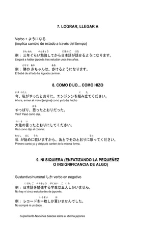 7. LOGRAR, LLEGAR A


Verbo + ようになる
(implica cambio de estado a través del tiempo)
       さん ねん        べんきょう                にほん ご    はな
例： 三年ぐらい勉強してから日本語が話せるようになります。
Llegará a hablar japonés tras estudiar unos tres años.
      となり あか                  ある
例： 隣の 赤ちゃんは、歩けるようになります。
El bebé de al lado ha logrado caminar.



                               8. COMO DIJO... COMO HIZO
いま わたし                                               く    た
今、私がやったとおりに、エンジンンを組み立てください。
Ahora, armen el motor [engine] como yo lo he hecho
               おも
やっぱり、思ったとおりだった。
Ves? Pasó como dije.

たい さ     い

大佐の言ったとおりにしてください。
Haz como dijo el coronel.

わたし     はじ     うた                                             うた
私 が始めに歌いますから、あとでそのとおりに歌ってください。
Primero canto yo y después canten de la misma forma.




                 9. NI SIQUIERA (ENFATIZANDO LA PEQUEÑEZ
                           O INSIGNIFICANCIA DE ALGO)


Sustantivo/numeral しか verbo en negativo
       にほん ご     べんきょう       がくせい        ご   にん
例： 日本語を勉強する学生は五人しかいません。
No hay ni cinco estudiantes de japonés.
                    いちまい          か
例： レコードを一枚しか買いませんでした。
No compré ni un disco.


    Suplemento-Nociones básicas sobre el idioma japonés
 