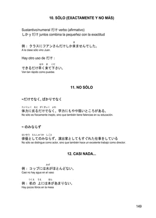 10. SÓLO (EXACTAMENTE Y NO MÁS)


Sustantivo/numeral だけ verbo (afirmativo)
しか y だけ juntos combina la pequeñez con la exactitud

                                            き
例： クラスにフアンさんだけしか来ませんでした。
A la clase sólo vino Juan.


Hay otro uso de だけ：
               はや    き       くだ
できるだけ早く来て下さい。
Ven tan rápido como puedas




                                          11. NO SÓLO


~だけでなく, ばかりでなく

たいりょく おと がくきょく よわ
体力に劣るだけでなく、学力にもやや弱いところがある。
No sólo es físicamente inepto, sino que también tiene falencias en su educación.



~ のみならず

はいゆう えんしゅつか しごと
俳優としてのみならず、演出家としてもすぐれた仕事をしている
No sólo se distingue como actor, sino que también hace un excelente trabajo como director.



                                       12. CASI NADA...

                     みず
例： コップには水がほとんどない。
Casi no hay agua en el vaso

      つくえ     うえ         ほん
例： 机の 上には本があまりない。
Hay pocos libros en la mesa




                                                                                             149
 