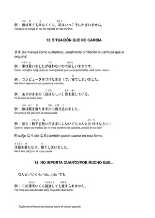 かれ    き          こ              わたし
例： 彼は来ても来なくても、私はいっこうにかまいません。
Venga o no venga él, no me importa lo más mínimo.



                                13. SITUACIÓN QUE NO CAMBIA


まま (se maneja como sustantivo, usualmente omitiendo la partícula que le
seguiría)
      くるま か                      つか               あたら
例： 車は買いましたが使わないので新しいままです。
Como no he[ha, has] usado el carro [desde que lo compré/ó/aste], está como nuevo.
                                                     ね
例： コンピュータをつけたまま（で）寝てしまいました。
Me dormí dejando la computadora prendida.

                                じ ぶん            きみ   あい
例： ありのままの［自分らしい］君を愛している。
Yo te amo tal como eres.

       かれ ふく       き             かわ    とび   こ
例： 彼は服を着たまま川に飛び込みました。
Se echó al río [así] con la ropa puesta.

                 くつした       ぬ                                    かた つ
例： ほら！靴下を脱いだままにしないでちゃんと片 付けなさい！
Oye! no dejes las medias así no más donde te las quitaste, ponlas en su sitio!


El sufijo なり (de なる) también puede usarse en esta forma.

ようふく     き              ね
洋服を着たなり、寝てしまいました。
Me dormí [así] con la ropa puesta.



                  14. NO IMPORTA CUANTO/POR MUCHO QUE...


   なんど／いくら／etc. más -ても

             かんじ            べんきょう           おぼえ
例： この漢字いくら勉強しても覚えられません。
Por mas que estudio este kanji no puedo recordarlo.




    Suplemento-Nociones básicas sobre el idioma japonés
 