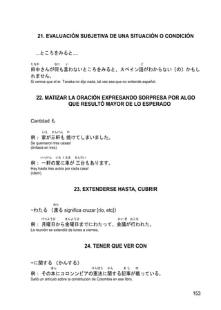 21. EVALUACIÓN SUBJETIVA DE UNA SITUACIÓN O CONDICIÓN


   ...ところをみると....

たなか            なに     い                                                 ご
田中さんが何も言わないところをみると、スペイン語がわからない（の）かもし
れません。
Si vemos que el sr. Tanaka no dijo nada, tal vez sea que no entiende español.



   22. MATIZAR LA ORACIÓN EXPRESANDO SORPRESA POR ALGO
               QUE RESULTÓ MAYOR DE LO ESPERADO


Cantidad も

       いえ    さんけん     や
例： 家が三軒も 焼けてしまいました。
Se quemaron tres casas!
(énfasis en tres)

      いっけん     いえ くるま      さんだい
例： 一軒の家に車が 三台もあります。
Hay hasta tres autos por cada casa!
(ídem)



                           23. EXTENDERSE HASTA, CUBRIR

              わた
~わたる （渡る significa cruzar [río, etc]）
      げつようび          きんようび                             かい ぎ おこな
例： 月曜日から金曜日までにわたって、会議が行われた。
La reunión se extendió de lunes a viernes.



                                  24. TENER QUE VER CON


~に関する （かんする）
            ほん                        けんぽう      かん         きじ       の
例： その本にコロンンビアの憲法に関する記事が載っている。
Salió un artículo sobre la constitución de Colombia en ese libro.


                                                                                153
 