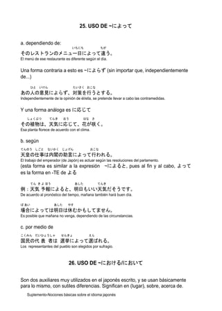 25. USO DE ~によって


a. dependiendo de:
                               いちにち              ちが
そのレストランのメニュー日によって違う。
El menú de ese restaurante es diferente según el día.


Una forma contraria a esto es ~によらず (sin importar que, independientemente
de...)
       ひと   いけん                 たいさく おこな
あの人の意見によらず、対策を行うとする。
Independientemente de la opinión de él/ella, se pretende llevar a cabo las contramedidas.


Y una forma análoga es に応じて
   しょくぶつ          てんき     おう          はな さ
その植物は、天気に応じて、花が咲く。
Esa planta florece de acuerdo con el clima.

b. según
てんのう しごと        ないかく じょげん                 おこな
天皇の仕事は内閣の助言によって行われる。
El trabajo del emperador (de Japón) es actuar según las resoluciones del parlamento.
(esta forma es similar a la expresión ~によると, pues al fin y al cabo, よって
es la forma en -TE de よる

       てん き よ ほう                  あした          てんき
例：天気 予報によると、明日もいい天気だそうです。
De acuerdo al pronóstico del tiempo, mañana también hará buen día.

ば あい                あした      やす
場合によっては明日は休むかもしてません。
Es posible que mañana no venga, dependiendo de las circunstancias.

c. por medio de
こくみん だいひょうしゃ             せんきょ             えら
国民の代 表 者は 選挙によって選ばれる。
Los representantes del pueblo son elegidos por sufragio.



                             26. USO DE ~における/において


Son dos auxiliares muy utilizados en el japonés escrito, y se usan básicamente
para lo mismo, con sutiles diferencias. Significan en (lugar), sobre, acerca de.
    Suplemento-Nociones básicas sobre el idioma japonés
 