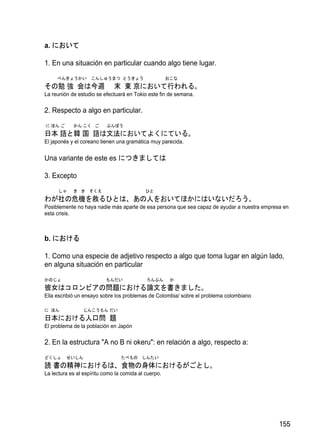 a. において

1. En una situación en particular cuando algo tiene lugar.
     べんきょうかい        こんしゅうまつ とうきょう                     おこな
その勉 強 会は今週                    末 東 京において行われる。
La reunión de estudio se efectuará en Tokio este fin de semana.

2. Respecto a algo en particular.
に ほん ご      かん こく ご        ぶんぽう
日本 語と韓 国 語は文法においてよくにている。
El japonés y el coreano tienen una gramática muy parecida.


Una variante de este es につきましては

3. Excepto
      しゃ    き き すくえ                         ひと
わが社の危機を救るひとは、あの人をおいてほかにはいないだろう。
Posiblemente no haya nadie más aparte de esa persona que sea capaz de ayudar a nuestra empresa en
esta crisis.



b. における

1. Como una especie de adjetivo respecto a algo que toma lugar en algún lado,
en alguna situación en particular
かのじょ                      もんだい              ろんぶん       か
彼女はコロンビアの問題における論文を書きました。
Ella escribió un ensayo sobre los problemas de Colombia/ sobre el problema colombiano

に ほん            じんこうもん だい
日本における人口問 題
El problema de la población en Japón

2. En la estructura "A no B ni okeru": en relación a algo, respecto a:
どくしょ     せいしん                    たべもの しんたい
読 書の精神におけるは、食物の身体におけるがごとし。
La lectura es al espíritu como la comida al cuerpo.




                                                                                             155
 