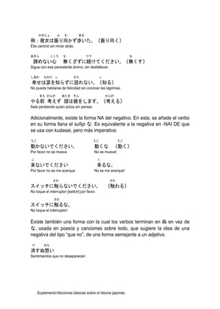 かのじょ        ふ    む        ある
例：彼女は振り向かず歩いた。（振り向く）
Ella caminó sin mirar atrás.

あきら          こころ     な              つづ                        な
 諦めない心               無くざずに続けてください。（無くす）
Sigue con ese persistente ánimo, sin desfallecer.

しあわ     なみだ し               かた                し
幸せは涙を知らずに語れない。（知る）
No puede hablarse de felicidad sin conocer las lágrimas.
      まえ かんが         あたま そん                       かんが
やる前 考えず 頭は損をします。（考える）
Sale perdiendo quien actúa sin pensar.

Adicionalmente, existe la forma NA del negativo. En esta, se añade al verbo
en su forma llana el sufijo な. Es equivalente a la negativa en -NAI DE que
se usa con kudasai, pero más imperativa:
うご                                       うご              うご
動かないでください。                                動くな （動く）
Por favor no se mueva                     No se mueva!
こ                                             く
来ないでください                                      来るな。
Por favor no se me acerque                No se me acerque!

              さわ                                    さわ
スイッチに触らないでください。 （触わる）
No toque el interruptor [switch] por favor.
               さわ
スイッチに触るな。
No toque el interruptor!


Existe también una forma con la cual los verbos terminan en ぬ en vez de
な, usada en poesía y canciones sobre todo, que sugiere la idea de una
negativa del tipo “que no”, de una forma semejante a un adjetivo.
 け      おも
消すぬ想い
Sentimientos que no desaparecen




     Suplemento-Nociones básicas sobre el idioma japonés
 