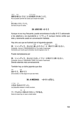 きそく     やぶ                    とうていきょ
規則を破るようなことは到底許されぬことだ。
No se pueden permitir las cosas que rompan las reglas.

し
知らぬふりをしていた。
Se hacía el que no sabía.

                                  29. USO DE ~かろう

Aunque no es muy frecuente, puede encontrarse el sufijo かろう adicionado
a los adjetivos y es equivalente a ~いでしょう aunque menos cortés que
éste y raramente usado en conversación hablada.

Hay otro uso que se ilustrará con el siguiente ejemplo:
                                    たの                   じゅうに じ     かえ
例：シンンデレラ、のんなに楽しかろうと１２ 時までに帰りなさい。
Cinderella , donna ni TANOSHIKAROU to 12-ji made ni kaerinasai.
Cenicienta, por mucho que te diviertas, has de regresar a las 12.

Puede reemplazarse por

例：シンンデレラ、のんなにたのしくても１２時までに帰りなさい。
Cinderella, donna ni TANOSHIKU TEMO 12-ji made ni kaerinasai.
Siendo además más conversacional.

También hay un dicho japonés que dice
やす            わる
安かろう、悪かろう
(Si es barato, lo más seguro es que sea malo)



                            30. A MEDIAS:         ~かけ/っぱなし
こづつみ     つつ
小包は 包みかけだった。
Los paquetes estaban a medio envolver.
              うえ    の
テーブルの上に飲みかけのコップがある。
Sobre la mesa hay un vaso a medio beber.




                                                                         159
 