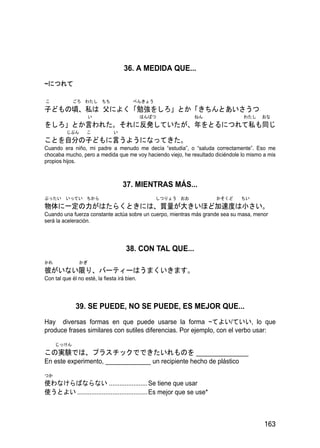 36. A MEDIDA QUE...
~につれて

こ            ごろ わたし ちち                   べんきょう
子どもの頃、私は 父によく「勉強をしろ」とか「きちんとあいさうつ
                     い                        はんぱつ           ねん                  わたし    おな
をしろ」とか言われた。それに反発していたが、年をとるにつれて私も同じ
          じぶん      こ            い
ことを自分の子どもに言うようになってきた。
Cuando era niño, mi padre a menudo me decía “estudia”, o “saluda correctamente”. Eso me
chocaba mucho, pero a medida que me voy haciendo viejo, he resultado diciéndole lo mismo a mis
propios hijos.



                                    37. MIENTRAS MÁS...
ぶったい     いってい ちから                                しつりょう おお            かそくど       ちい
物体に一定の力がはたらくときには、質量が大きいほど加速度は小さい。
Cuando una fuerza constante actúa sobre un cuerpo, mientras más grande sea su masa, menor
será la aceleración.




                                      38. CON TAL QUE...
かれ              かぎ
彼がいない限り、パーティーはうまくいきます。
Con tal que él no esté, la fiesta irá bien.




              39. SE PUEDE, NO SE PUEDE, ES MEJOR QUE...
Hay diversas formas en que puede usarse la forma ~てよい/ていい, lo que
produce frases similares con sutiles diferencias. Por ejemplo, con el verbo usar:

     じっけん
この実験では、プラスチックでできたいれものを _______________
En este experimento, _____________ un recipiente hecho de plástico

つか
使わなけらばならない ......................Se tiene que usar
使うとよい ........................................Es mejor que se use*



                                                                                         163
 