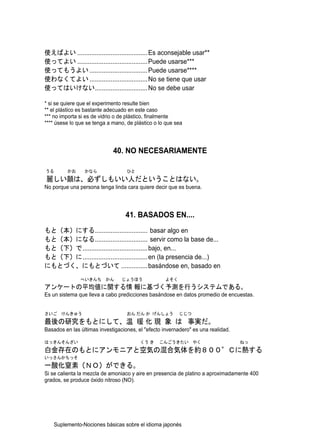 使えばよい ........................................Es aconsejable usar**
使ってよい ........................................Puede usarse***
使ってもうよい .................................Puede usarse****
使わなくてよい .................................No se tiene que usar
使ってはいけない..............................No se debe usar

* si se quiere que el experimento resulte bien
** el plástico es bastante adecuado en este caso
*** no importa si es de vidrio o de plástico, finalmente
**** úsese lo que se tenga a mano, de plástico o lo que sea




                             40. NO NECESARIAMENTE

うる       かお      かなら               ひと
麗しい顔は、必ずしもいい人だということはない。
No porque una persona tenga linda cara quiere decir que es buena.




                                  41. BASADOS EN....
もと（本）にする.............................. basar algo en
もと（本）になる.............................. servir como la base de...
もと（下）で.....................................bajo, en...
もと（下）に.....................................en (la presencia de...)
にもとづく、にもとづいて ...............basándose en, basado en
               へいきんち かん          じょうほう              よそく
アンケートの平均値に関する情 報に基づく予測を行うシステムである。
Es un sistema que lleva a cabo predicciones basándose en datos promedio de encuestas.


さいご けんきゅう                          おん だん か げんしょう          じじつ
最後の研究をもとにして、温 暖 化 現 象 は 事実だ。
Basados en las últimas investigaciones, el "efecto invernadero" es una realidad.

はっきんそんざい                                 くう き    こんごうきたい やく                        ねっ
白金存在のもとにアンモニアと空気の混合気体を約８００°Ｃに熱する
いっさんかちっそ
一酸化窒素（ＮＯ）ができる。
Si se calienta la mezcla de amoniaco y aire en presencia de platino a aproximadamente 400
grados, se produce óxido nitroso (NO).




    Suplemento-Nociones básicas sobre el idioma japonés
 