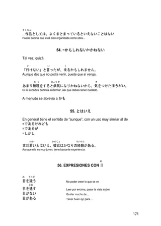 さく ひん
...作品としては、よくまとまっているといえないことはない
Puede decirse que está bien organizada como obra...



                            54. ~かもしれない/~かねない

Tal vez, quizá.
    い                い             く
「行けない」と言ったが、来るかもしれません。
Aunque dijo que no podía venir, puede que sí venga.

             む り         びょう き                                き
あまり無理をすると病気になりかねないから、気をつけたほうがい。
Si te excedes podrías enfermar, así que debes tener cuidado.

A menudo se abrevia a かも


                                        55. とはいえ

En general tiene el sentido de “aunque”, con un uso muy similar al de
=であるけれども
=であるが
=しかし

        わか               かのじょ                けいけん
まだ若いとはいえ、彼女はかなりの経験がある。
Aunque ella es muy joven, tiene bastante experiencia.



                                                                  め

                             56. EXPRESIONES CON 目

め   うたが
目を疑う                                No poder creer lo que se ve
     とお
目を通す                                Leer por encima, pasar la vista sobre
目がない                                Gustar mucho de...
目がある                                Tener buen ojo para....




                                                                            171
 