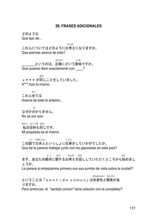 58. FRASES ADICIONALES

どのような
Que tipo de...
                                かんが
これらについてはどのようにお考えになりますか。
Que piensas acerca de esto?
                       せいかく            いみ
_______というのは、正確にどいう意味ですか。
Que quieres decir exactamente con ____?
            おな
ｘ＊＊＊ が同じことをしていました。
X*** hizo lo mismo.
      すべ
これら全ては
Acerca de todo lo anterior...
        わ
なぜか分かりません。
No se por que.
わたし もくてき おな
私の目的も同じです。
Mi propósito es el mismo.
    くに にほんじん                    しごと
この国で日本人といっしょに仕事をしていかがでしたか。
Que tal le parecio trabajar junto con los japoneses en este pais?
                 とし     かん       かんが   はな                           はじ
まず、あなたの都市に関するお考えを話ししていただくところから始めまし
ょうか。
Le parece si empezamos primero con sus puntos de vista sobre la ciudad?
                                                ぜんみんせい かんけい
ということは「ｓｅｎｔｉｄｏ ｃｏｍｕｎ」は全身性と関係があ
りますか。
Pero entonces, el "sentido común" tiene relación con la completez?




                                                                         177
 
