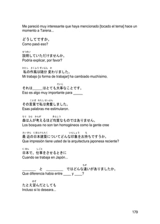 Me pareció muy interesante que haya mencionado [tocado el tema] hace un
momento a Tarena...

どうしてですか。
Como pasó eso?
せつめい
説明していただけませんか。
Podría explicar, por favor?
わたし さくふう ずいぶん か
私の作風は随分 変わりました。
Mi trabajo [o forma de trabajar] ha cambiado muchísimo.
                           だいじ
それは＿＿＿はとても大事なことです。
Eso es algo muy importante para _____
       ことば わたし はっぷん
その言葉で私は発奮しました。
Esas palabras me estimularon.
もり ひと かんが            きんしつ
森は人が考えるほど均質なものではありません。
Los bosques no son tan homogéneos como la gente cree
さい きん にほんけんちく                    いんしょう    も
最 近の日本建築についてどんな印象をお持ちですうか。
Que impresión tiene usted de la arquitectura japonesa reciente?
に ほん         しごと
日本で、仕事をさせるときに
Cuando se trabaja en Japón...
                                         ちが
＿＿＿＿ と ＿＿＿＿＿ ではどんな違いがありましたか。
Que diferencia habia entre ____ y ____?
        のぞ
たとえ望んだとしても
Incluso si lo deseara...




                                                                   179
 