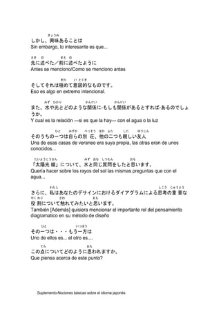 きょうみ
しかし、興味あることは
Sin embargo, lo interesante es que...
さき     の           まえ の
先に述べた／前に述べたように
Antes se menciono/Como se menciono antes
                   きわ     い とてき
そしてそれは極めて意図的なものです。
Eso es algo en extremo intencional.
           みず ひかり               かんけい             かんけい
また、水や光とどのような関係に-もしも関係があるとすれば-あるのでしょ
うか。
Y cual es la relación —si es que la hay— con el agua o la luz
               ひと       みずか     べっそう ほか ふた            した        ゆうじん
そのうちの一つは自らの別 荘、他の二つも親しい友人
Una de esas casas de veraneo era suya propia, las otras eran de unos
conocidos...
 たいようこうせん                       みず おな しつもん                 おも
「太陽光 線」について、水と同じ質問をしたと思います。
Quería hacer sobre los rayos del sol las mismas preguntas que con el
agua...
            わたし                                                        しこう じゅうよう
さらに、私はあなたのデサインにおけるダイアグラムによる思考の重 要な
やく わり              さわ                 おも
役 割について触れてみたいと思います。
También [Además] quisiera mencionar el importante rol del pensamiento
diagramatico en su método de diseño
       ひと                  いっぽう
その一つは・・・もう一方は
Uno de ellos es... el otro es....
      てん                         おも
この点についてどのように思われますか。
Que piensa acerca de este punto?




     Suplemento-Nociones básicas sobre el idioma japonés
 