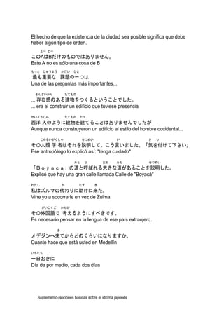 El hecho de que la existencia de la ciudad sea posible significa que debe
haber algún tipo de orden.
      エー ビー
このAはBだけのものではありません。
Este A no es sólo una cosa de B
もっと じゅうよう         かだい    ひと
最も重要な 課題の一つは
Una de las preguntas más importantes...
  そんざいかん              たてもの
... 存在感のある建物をつくるということでした。
... era el construir un edificio que tuviese presencia
せいようじん                たてもの    たて
西洋 人のように建物を建てることはありませんでしたが
Aunque nunca construyeron un edificio al estilo del hombre occidental...
      じんるいがくしゃ                せつめい              い        き   つ
その人類 学 者はそれを説明して、こう言いました。「気を付けて下さい」
Ese antropólogo lo explicó así: "tenga cuidado"
                         みち    よ         おお     みち       せつめい
「Ｂｏｙａｃａ」の道と呼ばれる大きな道があることを説明した。
Explicó que hay una gran calle llamada Calle de "Boyacá"
わたし               か          たす      き
私はズルマの代わりに助けに来た。
Vine yo a socorrerle en vez de Zulma.
      がいこくご       かんが
その外国語で 考えるようにすべきです。
Es necesario pensar en la lengua de ese país extranjero.
              き
メデジンへ来てからどのくらいになりますか、
Cuanto hace que está usted en Medellín
いちにち
一日おきに
Día de por medio, cada dos días




   Suplemento-Nociones básicas sobre el idioma japonés
 