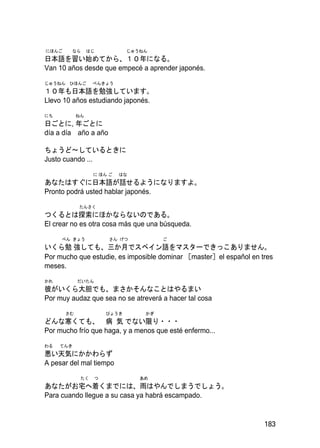 にほんご    なら       はじ           じゅうねん
日本語を習い始めてから、１０年になる。
Van 10 años desde que empecé a aprender japonés.
じゅうねん ひほんご        べんきょう
１０年も日本語を勉強しています。
Llevo 10 años estudiando japonés.
にち          ねん
日ごとに, 年ごとに
día a día año a año

ちょうど～しているときに
Justo cuando ...
                  に ほん ご   はな
あなたはすぐに日本語が話せるようになりますよ。
Pronto podrá usted hablar japonés.
            たんさく
つくるとは探索にほかならないのである。
El crear no es otra cosa más que una búsqueda.
     べん きょう            さん げつ           ご
いくら勉 強しても、三か月でスペイン語をマスターできっこありません。
Por mucho que estudie, es imposible dominar ［master］el español en tres
meses.
かれ          だいたん
彼がいくら大胆でも、まさかそんなことはやるまい
Por muy audaz que sea no se atreverá a hacer tal cosa
       さむ              びょうき       かぎ
どんな寒くても、 病 気 でない限り・・・
Por mucho frío que haga, y a menos que esté enfermo...
わる   てんき
悪い天気にかかわらず
A pesar del mal tiempo
             たく    つ             あめ
あなたがお宅へ着くまでには、雨はやんでしまうでしょう。
Para cuando llegue a su casa ya habrá escampado.


                                                                   183
 