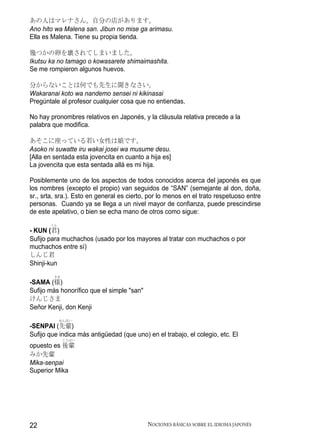 あの人はマレナさん。自分の店があります。
Ano hito wa Malena san. Jibun no mise ga arimasu.
Ella es Malena. Tiene su propia tienda.

幾つかの卵を壊されてしまいました。
Ikutsu ka no tamago o kowasarete shimaimashita.
Se me rompieron algunos huevos.

分からないことは何でも先生に聞きなさい。
Wakaranai koto wa nandemo sensei ni kikinasai
Pregúntale al profesor cualquier cosa que no entiendas.

No hay pronombres relativos en Japonés, y la cláusula relativa precede a la
palabra que modifica.

あそこに座っている若い女性は娘です。
Asoko ni suwatte iru wakai josei wa musume desu.
[Alla en sentada esta jovencita en cuanto a hija es]
La jovencita que esta sentada allá es mi hija.

Posiblemente uno de los aspectos de todos conocidos acerca del japonés es que
los nombres (excepto el propio) van seguidos de “SAN” (semejante al don, doña,
sr., srta, sra.). Esto en general es cierto, por lo menos en el trato respetuoso entre
personas. Cuando ya se llega a un nivel mayor de confianza, puede prescindirse
de este apelativo, o bien se echa mano de otros como sigue:
       くん
- KUN (君)
Sufijo para muchachos (usado por los mayores al tratar con muchachos o por
muchachos entre sí)
しんじ君
Shinji-kun
         さま
-SAMA (様)
Sufijo más honorífico que el simple "san"
けんじさま
Señor Kenji, don Kenji
            せんぱい
-SENPAI (先輩)
Sufijo que indica más antigüedad (que uno) en el trabajo, el colegio, etc. El
              こうはい
opuesto es 後輩
みか先輩
Mika-senpai
Superior Mika




22                                          NOCIONES BÁSICAS SOBRE EL IDIOMA JAPONÉS
 