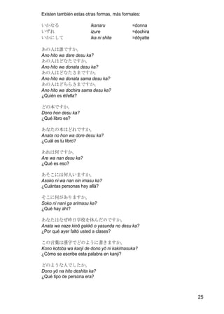 Existen también estas otras formas, más formales:

いかなる                    ikanaru              =donna
いずれ                     izure                =dochira
いかにして                   ika ni shite         =dōyatte

あの人は誰ですか。
Ano hito wa dare desu ka?
あの人はどなたですか。
Ano hito wa donata desu ka?
あの人はどなたさまですか。
Ano hito wa donata sama desu ka?
あの人はどちらさまですか。
Ano hito wa dochira sama desu ka?
¿Quién es él/ella?

どの本ですか。
Dono hon desu ka?
¿Qué libro es?

あなたの本はどれですか。
Anata no hon wa dore desu ka?
¿Cuál es tu libro?

あれは何ですか。
Are wa nan desu ka?
¿Qué es eso?

あそこには何人いますか。
Asoko ni wa nan nin imasu ka?
¿Cuántas personas hay allá?

そこに何がありますか。
Soko ni nani ga arimasu ka?
¿Qué hay ahí?

あなたはなぜ昨日学校を休んだのですか。
Anata wa naze kinō gakkō o yasunda no desu ka?
¿Por qué ayer faltó usted a clases?

この言葉は漢字でどのように書きますか。
Kono kotoba wa kanji de dono yō ni kakimasuka?
¿Cómo se escribe esta palabra en kanji?

どのような人でしたか。
Dono yō na hito deshita ka?
¿Qué tipo de persona era?



                                                        25
 