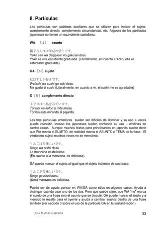 8. Partículas
Las partículas son palabras auxiliares que se utilizan para indicar el sujeto,
complemento directo, complemento circunstancial, etc. Algunas de las partículas
japonesas no tienen un equivalente castellano.

WA ［は］          asunto

陽子さんは大学院の学生です。
Yōko san wa daigakuin no gakusei desu
Yōko es una estudiante graduada. (Literalmente, en cuanto a Yōko, ella es
estudiante graduada)

GA ［が］sujeto

私はすしが好きです。
Watashi wa sushi ga suki desu.
Me gusta el sushi (Literalmente, en cuanto a mi, el sushi me es agradable)

O［を］complemento directo

トラコは小鳥をみています。
Torako wa kotori o mite imasu.
Torako esta mirando al pajarillo.

Las tres partículas anteriores suelen ser dificiles de dominar y su uso a veces
puede coincidir. Incluso los japoneses suelen confundir su uso u omitirlas en
ciertos casos. Aunque muchos textos para principiantes en japonés suelen decir
que WA marca el SUJETO, en realidad marca el ASUNTO o TEMA de la frase. El
verdadero sujeto muchas veces no se menciona.

りんごは美味しいです。
Ringo wa oishii desu.
La manzana es deliciosa
(En cuanto a la manzana, es deliciosa).

GA puede marcar el sujeto al igual que el objeto indirecto de una frase.

りんごが美味しいです。
Ringo ga oishii desu.
(Una) manzana es deliciosa.

Puede ser de ayuda pensar en WA/GA como el/un en algunos casos. Ayuda a
distinguir cuando usar uno de los dos. Pero que quede claro, que WA *no* marca
el sujeto de una frase sino el asunto que se discute. GA puede marcar el sujeto y a
menudo lo resalta para el oyente y ayuda a cambiar sujetos dentro de una frase
también (ver sección 0 sobre el uso de la partícula GA en la sustantivación)

   JUAN MANUEL CARDONA                                                          33
 