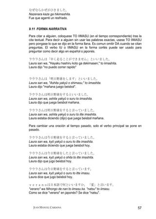 なぜならかぜがひきました。
Nazenara kaze ga hikimashita.
Fue que agarré un resfriado.


9.11 FORMA NARRATIVA

Para citar a alguien, coloquese TO IIMASU (en el tiempo correspondiente) tras la
cita textual. Para decir a alguien sin usar las palabras exactas, usese TO IIMASU
pero pongase lo que se dijo en la forma llana. Es comun omitir DA cuando se citan
preguntas. El verbo IU o IIMASU en la forma cortés puede ser usado para
preguntar como decir algo en español o japonés.

ラウラさんは「早く走ることができません」といいました。
Laura san wa, "Hayaku hashiru koto ga dekimasen," to iimashita.
Laura dijo "no puedo correr rapido"


ラウラさんは「明日野球をします」といいました。
Laura san wa, "Ashita yakyū o shimasu," to iimashita.
Laura dijo "mañana juego beisbol".

ラウラさんは明日野球をするといいました。
Laura san wa, ashita yakyū o suru to iimashita.
Laura dijo que juega beisbol mañana.

ラウラさんは明日野球をすると言っていました。
Laura san wa, ashita yakyū o suru to itte imashita.
Laura estaba diciendo (dijo) que juega beisbol mañana.

Para cambiar una oración al tiempo pasado, solo el verbo principal se pone en
pasado.

ラウラさんは今日野球をすると言っていました。
Laura san wa, kyō yakyū o suru to itte imashita.
Laura estaba diciendo que juega beisbol hoy.

ラウラさんは今日野球をしたと言っていました。
Laura san wa, kyō yakyū o shita to itte imashita.
Laura dijo que jugo beisbol hoy.

ラウラさんは今日野球をすると言っています。
Laura san wa, kyō yakyū o suru to itte imasu.
Laura dice que jugo beisbol hoy.

ｖｅｒａｎｏは日本語で何といいますか。 「夏」と言います。
"verano" wa Nihongo de nan to iimasu ka. "natsu" to iimasu.
Como se dice "verano" en japonés? Se dice "natsu".



   JUAN MANUEL CARDONA                                                        57
 