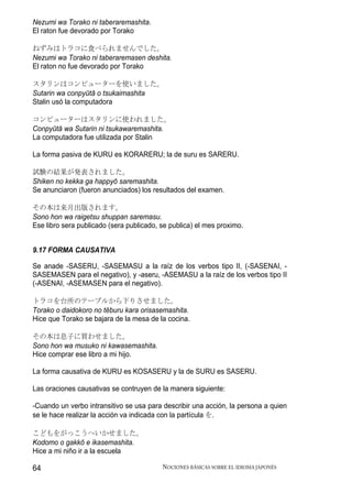 Nezumi wa Torako ni taberaremashita.
El raton fue devorado por Torako

ねずみはトラコに食べられませんでした。
Nezumi wa Torako ni taberaremasen deshita.
El raton no fue devorado por Torako

スタリンはコンピューターを使いました。
Sutarin wa conpyūtā o tsukaimashita
Stalin usó la computadora

コンピューターはスタリンに使われました。
Conpyūtā wa Sutarin ni tsukawaremashita.
La computadora fue utilizada por Stalin

La forma pasiva de KURU es KORARERU; la de suru es SARERU.

試験の結果が発表されました。
Shiken no kekka ga happyō saremashita.
Se anunciaron (fueron anunciados) los resultados del examen.

その本は来月出版されます。
Sono hon wa raigetsu shuppan saremasu.
Ese libro sera publicado (sera publicado, se publica) el mes proximo.


9.17 FORMA CAUSATIVA

Se anade -SASERU, -SASEMASU a la raíz de los verbos tipo II, (-SASENAI, -
SASEMASEN para el negativo), y -aseru, -ASEMASU a la raíz de los verbos tipo II
(-ASENAI, -ASEMASEN para el negativo).

トラコを台所のテーブルから下りさせました。
Torako o daidokoro no tēburu kara orisasemashita.
Hice que Torako se bajara de la mesa de la cocina.

その本は息子に買わせました。
Sono hon wa musuko ni kawasemashita.
Hice comprar ese libro a mi hijo.

La forma causativa de KURU es KOSASERU y la de SURU es SASERU.

Las oraciones causativas se contruyen de la manera siguiente:

-Cuando un verbo intransitivo se usa para describir una acción, la persona a quien
se le hace realizar la acción va indicada con la partícula を.

こどもをがっこうへいかせました。
Kodomo o gakkō e ikasemashita.
Hice a mi niño ir a la escuela

64                                        NOCIONES BÁSICAS SOBRE EL IDIOMA JAPONÉS
 