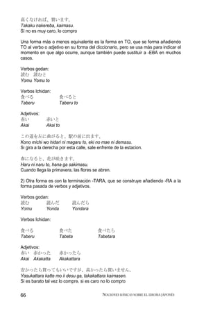 高くなければ、買います。
Takaku nakereba, kaimasu.
Si no es muy caro, lo compro

Una forma más o menos equivalente es la forma en TO, que se forma añadiendo
TO al verbo o adjetivo en su forma del diccionario, pero se usa más para indicar el
momento en que algo ocurre, aunque también puede sustituir a -EBA en muchos
casos.

Verbos godan:
読む 読むと
Yomu Yomu to

Verbos Ichidan:
食べる                 食べると
Taberu              Taberu to

Adjetivos:
赤い           赤いと
Akai         Akai to

この道を左に曲がると、駅の前に出ます。
Kono michi wo hidari ni magaru to, eki no mae ni demasu.
Si gira a la derecha por esta calle, sale enfrente de la estacion.

春になると、花が咲きます。
Haru ni naru to, hana ga sakimasu.
Cuando llega la primavera, las flores se abren.

2) Otra forma es con la terminación -TARA, que se construye añadiendo -RA a la
forma pasada de verbos y adjetivos.

Verbos godan:
読む         読んだ             読んだら
Yomu       Yonda           Yondara

Verbos Ichidan:

食べる                 食べた                  食べたら
Taberu              Tabeta               Tabetara

Adjetivos:
赤い 赤かった             赤かったら
Akai Akakatta       Akakattara

安かったら買ってもいいですが、高かったら買いません。
Yasukattara katte mo ii desu ga, takakattara kaimasen.
Si es barato tal vez lo compre, si es caro no lo compro


66                                          NOCIONES BÁSICAS SOBRE EL IDIOMA JAPONÉS
 