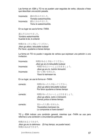 Las formas en -EBA y TO no se pueden usar seguidas de verbo, cláusula o frase
que describan una acción pasada.

Incorrecto:   読めばわかりました。
              Yomeba wakarimashita.
Incorrecto:   読むとわかりました。
              Yomu to wakarimashita.

En su lugar se usa la forma -TARA

読んだらわかりました。
Yondara wakarimashita
Cuando lo lei, lo entendi

時間があったら手伝ってください。
Jikan ga attara, tetsudatte kudasai
Por favor, ayúdame si tienes tiempo

La forma en TO no puede ir seguida de verbos que expresan una petición o una
invitacion.

Incorrecto:         時間があると手伝ってください。
                    Jikan ga aru to tetsudatte kudasai
Incorrecto:          時間があるといっしょに行きましょう。
                     Jikan ga aru to, Isshōni ikimashō.
Incorrecto:          安いと買いませんか。
                     Yasui to kaimasen ka.

En su lugar, se usa la forma en -TARA

correcto:            時間があったら手伝ってください。
                     Jikan ga attara tetsudatte kudasai
                     Por favor ayudame si tienes tiempo
.
correcto:            時間があったらいっしょに行きましょう。
                     Jikan ga attara, issho ni ikimashō.
                     Vamos juntos si tienes tiempo.

correcto:            安かったら買いませんか。
                     Yasukattara kaimasen ka.
                     Lo comprarias si fuera barato?

TO y -EBA indican una condición general, mientras que -TARA se usa para
referirse a una condición o circunstancia particular.

時間があるとできます。
Jikan ga aru to dekimasu (Si hay tiempo, se puede hacer)
時間があればできます。

   JUAN MANUEL CARDONA                                                    67
 
