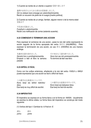 1) Cuando se recibe de un cliente o superior 受取り致します

義理のお母さんからお土産をお受取致しました。
Giri no okāsan kara omiyage wo uketoriitashimashita.
Recibí un souvenir de parte de mi suegra [madre política].

2) Cuando se recibe de un amigo, familair, alguien menor o de la misma edad
受取ます

不在表を受取ました。
Fuzaihyō o uketorimashita.
Recibí una notificación de correo (estando ausente).


9.22 COMENZAR O TERMINAR UNA ACCION

Para expresar el comienzo de una accion, usese la raíz del verbo expresando la
acción seguido de la forma apropiada del verbo 始める (HAJIMERU). Para
expresar la terminación de una acción, se usa 終る (OWARU) de una manera
análoga.

先週本を読み初めました。                               その本はもう読み終りました。
Senshū hon o yomihajimemashita.            Sono hon wa mō yomiowarimashita.
Empecé a leer el libro la semana           Ya terminé de leer ese libro
pasada


9.23 DIFÍCIL O FÁCIL

Como con los sufijos anteriores, añadiendo a la raíz del verbo -YASUI o -NIKUI
puede expresarse que una acción es facil o dificil de hacer.


この漢字は大変書きにくいです。
Kono kanji wa taihen kakinikui             この漢字は大変書きやすいです。
desu.                                      Kono kanji wa kakiyasui desu.
Ese kanji es muy dificil de escribir.      Ese kanji es facil de escribir.


9.24 IMPERATIVO

El imperativo se expresa en su forma llana o en la forma en -NASAI. Usualmente
se acentúa la última sílaba. La forma llana del imperativo se construye del modo
siguiente:

(1) Verbos del tipo I: Cambian la -U final en -E

読む           読め
yomu         yome


   JUAN MANUEL CARDONA                                                        71
 