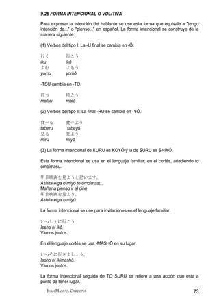 9.25 FORMA INTENCIONAL O VOLITIVA

Para expresar la intención del hablante se use esta forma que equivale a "tengo
intención de..." o "pienso..." en español. La forma intencional se construye de la
manera siguiente:

(1) Verbos del tipo I: La -U final se cambia en -Ō.

行く           行こう
iku          ikō
よむ           よもう
yomu         yomō

-TSU cambia en -TO.

待つ           待とう
matsu        matō

(2) Verbos del tipo II: La final -RU se cambia en -YŌ.

食べる          食べよう
taberu       tabeyō
見る           見よう
miru         miyō

(3) La forma intencional de KURU es KOYŌ y la de SURU es SHIYŌ.

Esta forma intencional se usa en el lenguaje familiar; en el cortés, añadiendo to
omoimasu.

明日映画を見ようと思います。
Ashita eiga o miyō to omoimasu.
Mañana pienso ir al cine
明日映画を見よう。
Ashita eiga o miyō.

La forma intencional se use para invitaciones en el lenguaje familiar.

いっしょに行こう
Issho ni ikō.
Vamos juntos.

En el lenguaje cortés se usa -MASHŌ en su lugar.

いっそに行きましょう。
Issho ni ikimashō.
Vamos juntos.

La forma intencional seguida de TO SURU se refiere a una acción que esta a
punto de tener lugar.
   JUAN MANUEL CARDONA                                                         73
 