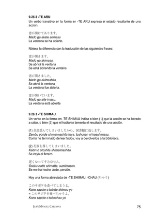 9.26.2 -TE ARU
Un verbo transitivo en la forma en -TE ARU expresa el estado resultante de una
acción.

窓が開けてあります。
Mado ga akete arimasu
La ventana se ha abierto.

Nótese la diferencia con la traducción de las siguientes frases:

窓が開きます。
Mado ga akimasu.
Se abrirá la ventana
Se está abriendo la ventana

窓が開きました。
Mado ga akimashita.
Se abrió la ventana
La ventana fue abierta.

窓が開いています。
Mado ga aite imasu.
La ventana está abierta


9.26.3 -TE SHIMAU
Un verbo en la forma en -TE SHIMAU indica o bien (1) que la acción se ha llevado
a cabo, o bien (2) que el hablante lamenta el resultado de una acción.

(1) 全部読んでしまいましたから、図書館に返します。
Zembu yonde shimaimashita kara, toshokan ni kaeshimasu.
Como he terminado de leer todos, voy a devolverlos a la biblioteca.

(2) 花瓶を落してしまいました。
Kabin o otoshite shimaimashita.
Se cayó el florero.

遅くなってすみなせん。
Osoku natte shimatte, sumimasen.
Se me ha hecho tarde, perdón.

Hay una forma abreviada de -TE SHIMAU: -CHAU (ちゃう)

このサポテを食べてしまうよ。
Kono sapote o tabete shimau yo
= このサポテを食べちゃうよ。
Kono sapote o tabechau yo

   JUAN MANUEL CARDONA                                                       75
 