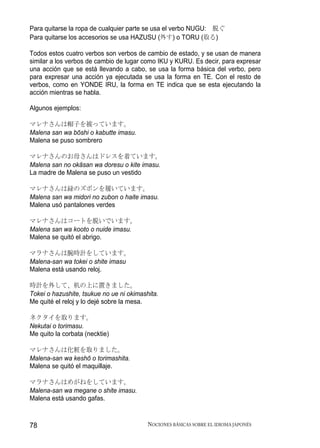 Para quitarse la ropa de cualquier parte se usa el verbo NUGU: 脱ぐ
Para quitarse los accesorios se usa HAZUSU (外す) o TORU (取る)

Todos estos cuatro verbos son verbos de cambio de estado, y se usan de manera
similar a los verbos de cambio de lugar como IKU y KURU. Es decir, para expresar
una acción que se está llevando a cabo, se usa la forma básica del verbo, pero
para expresar una acción ya ejecutada se usa la forma en TE. Con el resto de
verbos, como en YONDE IRU, la forma en TE indica que se esta ejecutando la
acción mientras se habla.

Algunos ejemplos:

マレナさんは帽子を被っています。
Malena san wa bōshi o kabutte imasu.
Malena se puso sombrero

マレナさんのお母さんはドレスを着ています。
Malena san no okāsan wa doresu o kite imasu.
La madre de Malena se puso un vestido

マレナさんは緑のズボンを履いています。
Malena san wa midori no zubon o haite imasu.
Malena usó pantalones verdes

マレナさんはコートを脱いでいます。
Malena san wa kooto o nuide imasu.
Malena se quitó el abrigo.

マラナさんは腕時計をしています。
Malena-san wa tokei o shite imasu
Malena está usando reloj.

時計を外して、机の上に置きました。
Tokei o hazushite, tsukue no ue ni okimashita.
Me quité el reloj y lo dejé sobre la mesa.

ネクタイを取ります。
Nekutai o torimasu.
Me quito la corbata (necktie)

マレナさんは化粧を取りました。
Malena-san wa keshō o torimashita.
Malena se quitó el maquillaje.

マラナさんはめがねをしています。
Malena-san wa megane o shite imasu.
Malena está usando gafas.



78                                        NOCIONES BÁSICAS SOBRE EL IDIOMA JAPONÉS
 
