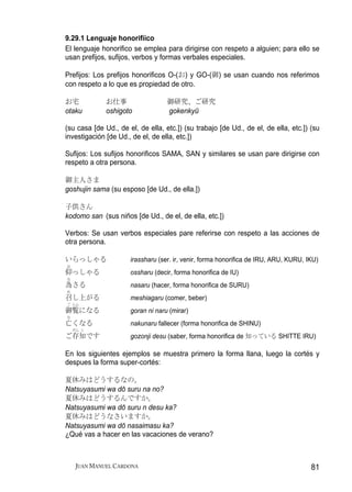 9.29.1 Lenguaje honorifiico
El lenguaje honorifico se emplea para dirigirse con respeto a alguien; para ello se
usan prefijos, sufijos, verbos y formas verbales especiales.

Prefijos: Los prefijos honorificos O-(お) y GO-(御) se usan cuando nos referimos
con respeto a lo que es propiedad de otro.

お宅            お仕事                  御研究、ご研究
otaku         oshigoto             gokenkyū

(su casa [de Ud., de el, de ella, etc.]) (su trabajo [de Ud., de el, de ella, etc.]) (su
investigación [de Ud., de el, de ella, etc.])

Sufijos: Los sufijos honorificos SAMA, SAN y similares se usan pare dirigirse con
respeto a otra persona.

御主人さま
goshujin sama (su esposo [de Ud., de ella.])

子供さん
kodomo san (sus niños [de Ud., de el, de ella, etc.])

Verbos: Se usan verbos especiales pare referirse con respeto a las acciones de
otra persona.

いらっしゃる                irassharu (ser. ir, venir, forma honorifica de IRU, ARU, KURU, IKU)
お
仰っしゃる                 ossharu (decir, forma honorifica de IU)
な
為さる                   nasaru (hacer, forma honorifica de SURU)
め
召し上がる                 meshiagaru (comer, beber)
ご らん
御覧になる                 goran ni naru (mirar)
な
亡くなる                  nakunaru fallecer (forma honorifica de SHINU)
    ぞん じ
ご存知です                 gozonji desu (saber, forma honorifica de 知っている SHITTE IRU)

En los siguientes ejemplos se muestra primero la forma llana, luego la cortés y
despues la forma super-cortés:

夏休みはどうするなの。
Natsuyasumi wa dō suru na no?
夏休みはどうするんですか。
Natsuyasumi wa dō suru n desu ka?
夏休みはどうなさいますか。
Natsuyasumi wa dō nasaimasu ka?
¿Qué vas a hacer en las vacaciones de verano?



     JUAN MANUEL CARDONA                                                              81
 