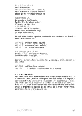 いつかまた会いましょう。
Itsuka mata aimashō.
いつかまたお目にかかりたいと思います。
Itsuka mata o me ni kakaritai to omoimasu.
Espero que nos volvamos a ver algun dia.

先生に本を頂ました。
Sensei ni hon o itadakimashita.
Recibi un libro de parte del profesor.
(El profesor me dio un libro)
友達に本を貰ました。
Tomodachi ni hon o moraimashita.
Recibi un libro de parte de un amigo.
(Mi amigo me dio un libro)

Se usan formas verbales especiales para referirse a las acciones de uno mismo, a
saber o + raíz verbal + suru.

お呼びする oyobi suru (llamo a alguien)
お待ちする omachi suru (espero a alguien)
おもちする omochi suru (le llevo algo)

私がそのお荷物をお持ちします。
Watashi ga sono o nimotsu o omochi shimasu
Permítame le llevo su equipaje.

Los verbos complementarios especiales itasu y moshiageru también se usan en
este sentido.

お呼び致す oyobi itasu (llamo a alguien.)
お話し申し上げる ohanashi mōshiageru (se lo digo a alguien.)


9.29.3 Lenguaje cortés
Esta forma cortés, cuyas manifestaciones más conspicuas son la copula DESU y
la terminación -MASU, tratadas a lo largo de este texto, se usa en el lenguaje y
conversación formal y también en la conversación entre personas que no tienen
una amistad especial o dirigiendose a aquellos que se estiman superiores. La
forma llana se usa en la conversación entre miembros de la familia, entre buenos
amigos y dirigiendose a aquellos que se estiman de un nivel ‘ inferior’ (niños,
personas mucho más jóvenes que uno, etc).




   JUAN MANUEL CARDONA                                                       85
 