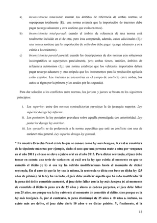 a)

Inconsistencia total-total: cuando los ámbitos de referencia de ambas normas se
superponen totalmente (Ej.: una norma estipula que la importación de tractores debe
pagar recargo aduanero y otra sostiene que están exentos).

b)

Inconsistencia total-parcial: cuando el ámbito de referencia de una norma está
totalmente incluido en el de otra, pero ésta comprende, además, casos adicionales (Ej.:
una norma sostiene que la importación de vehículos debe pagar recargo aduanero y otra
exime a los tractores).

c)

Inconsistencia parcial-parcial: cuando las descripciones de dos normas con soluciones
incompatibles se superponen parcialmente, pero ambas tienen, también, ámbitos de
referencia autónomos (Ej.: una norma establece que los vehículos importados deben
pagar recargo aduanero y otra estipula que los instrumentos para la producción agrícola
están exentos. Los tractores se encuentran en el campo de conflicto entre ambas, los
autos se rigen por la primera y los arados por las segunda).

Para dar solución a los conflictos entre normas, los juristas y jueces se basan en los siguientes
principios:
i. Lex superior: entre dos normas contradictorias prevalece la de jerarquía superior. Ley
superior deroga ley inferior.
ii. Lex posterior: la ley posterior prevalece sobre aquella promulgada con anterioridad. Ley
posterior deroga ley anterior.
iii. Lex specialis: se da preferencia a la norma específica que está en conflicto con una de
carácter más general. Ley especial deroga ley general.
* En nuestro Derecho Penal existe lo que se conoce como ley más benigna, la cual se considera
de la siguiente manera: por ejemplo, dado el caso que una persona mate a otra por venganza
en el año 2011 y el caso se eleve a juicio oral en el año 2013. Para dictar sentencia, el juez debe
tomar en cuenta una serie de variantes: a) cuál era la ley que existía al momento en que se
cometió el ilícito y; b) si esa ley ha sufrido modificaciones hasta el momento de dictar
sentencia. En el caso de que la ley sea la misma, la sentencia se dicta con base en dicha ley (25
años de prisión). Si la ley ha variado, el juez debe analizar aquello que ha sido modificado. Si
la pena del delito cometido aumentó, el juez debe fallar con la ley más benigna (si al momento
de cometido el ilícito la pena era de 25 años y ahora es cadena perpetua, el juez debe fallar
con 25 años, no porque sea la ley existente al momento de cometido el delito, sino porque es la
ley más benigna). Si, por el contrario, la pena disminuyó de 25 años a 10 años o, incluso, no
existe más ese delito, el juez debe darle 10 años o no dictar prisión. Y, finalmente, si la
12

 