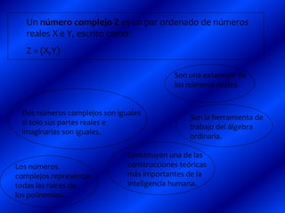 Un número complejo Z es un par ordenado de números
reales X e Y, escrito como:
Z = (X,Y)
Dos números complejos son iguales
si solo sus partes reales e
imaginarias son iguales.
Son una extensión de
los números reales.
Los números
complejos representan
todas las raíces de
los polinomios.
Son la herramienta de
trabajo del álgebra
ordinaria.
Constituyen una de las
construcciones teóricas
más importantes de la
inteligencia humana.
 