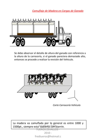 Camuflaje de Madera en Cargas de Ganado Se debe observar el detalle de altura del ganado con referencia a la altura de la carrocería, si el ganado pareciera demasiado alto, entonces se procede a realizar la revisión del Vehiculo. La madera va camuflada por lo general es entre 1000 y  1500pt., siempre esta  cubierta con aserrin. Corte Carrocería Vehículo Ing. Hugo Fredy TUEROS ZEVALLOS - 2010 - fredtueros@hotmail.com 