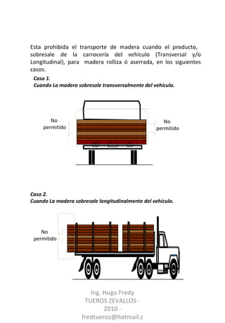 Esta prohibida el transporte de madera cuando el producto,  sobresale de la carrocería del vehículo (Transversal y/o Longitudinal), para  madera rolliza ó aserrada, en los siguientes casos. No  permitido Caso 1. Cuando La madera sobresale transversalmente del vehículo. Caso 2. Cuando La madera sobresale longitudinalmente del vehículo. Ing. Hugo Fredy TUEROS ZEVALLOS - 2010 - fredtueros@hotmail.com No  permitido No  permitido 
