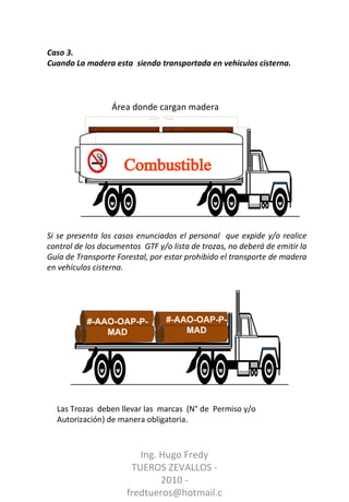 Si se presenta los casos enunciados el personal  que expide y/o realice control de los documentos  GTF y/o lista de trozas, no deberá de emitir la Guía de Transporte Forestal, por estar prohibido el transporte de madera en vehículos cisterna. Caso 3. Cuando La madera esta  siendo transportada en vehículos cisterna. Ing. Hugo Fredy TUEROS ZEVALLOS - 2010 - fredtueros@hotmail.com Las Trozas  deben llevar las  marcas  (N° de  Permiso y/o Autorización) de manera obligatoria. #-AAO-OAP-P-MAD #-AAO-OAP-P-MAD Combustible Área donde cargan madera 