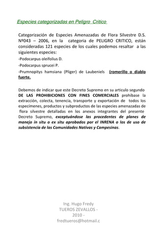 Categorización de Especies Amenazadas de Flora Silvestre D.S. Nº043 – 2006, en la  categoria de PELIGRO CRITICO, están consideradas 121 especies de los cuales podemos resaltar  a las siguientes especies: Podocarpus oleifolius D. Podocarpus sprucei P. Prumnopitys hamsiana (Pliger) de Laubeniels  (romerillo o diablo fuerte. Debemos de indicar que este Decreto Supremo en su articulo segundo  DE LAS PROHIBICIONES CON FINES COMERCIALES  prohíbase la extracción, colecta, tenencia, transporte y exportación de  todos los especímenes, productos y subproductos de las especies amenazadas de  flora silvestre detalladas en los anexos integrantes del presente Decreto Supremo,  exceptuándose las procedentes de planes de manejo in situ o ex situ aprobados por el INRENA o los de uso de subsistencia de las Comunidades Nativas y Campesinas .   Especies categorizadas en Peligro  Critico  Ing. Hugo Fredy TUEROS ZEVALLOS - 2010 - fredtueros@hotmail.com 