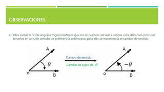 OBSERVACIONES:
 Para sumar o restar ángulos trigonométricos que no se pueden calcular a simple vista debemos procurar
tenerlos en un solo sentido de preferencia antihoraria, para ello se recomienda el cambio de sentido.
 