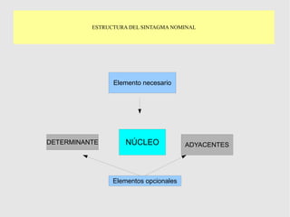 ESTRUCTURA DEL SINTAGMA NOMINAL
DETERMINANTE ADYACENTESNÚCLEO
Elemento necesario
Elementos opcionales
 