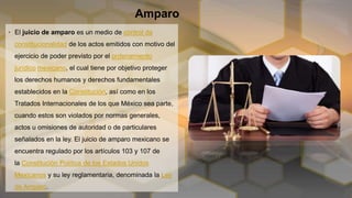 Amparo
• El juicio de amparo es un medio de control de
constitucionalidad de los actos emitidos con motivo del
ejercicio de poder previsto por el ordenamiento
jurídico mexicano, el cual tiene por objetivo proteger
los derechos humanos y derechos fundamentales
establecidos en la Constitución, así como en los
Tratados Internacionales de los que México sea parte,
cuando estos son violados por normas generales,
actos u omisiones de autoridad o de particulares
señalados en la ley. El juicio de amparo mexicano se
encuentra regulado por los artículos 103 y 107 de
la Constitución Política de los Estados Unidos
Mexicanos y su ley reglamentaria, denominada la Ley
de Amparo.
 