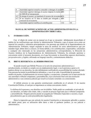 27
6. Autoridad superior resuelve conceder o denegar el ocurso156 15
6.1 Autoridad superior deniega el ocurso impone la multa de
Q.1000.00 al interponente
156
6.2 Si otorga el ocurso, se tramitará el recurso de revocatoria156
6.3 Si no resuelve en 15 días se tendrá por otorgado y se
conocerá la revocatoria
156
7. Autoridad superior notifica al contribuyente 132 10
MANUAL DE NOTIFICACIONES DE ACTOS ADMINISTRATIVOS EN LA
ADMINISTRACIÓN TRIBUTARIA.
I. INTRODUCCIÓN.
Con el objeto de contar con un manual en el que se encuentre debidamente desarrollado el
ámbito de las notificaciones que efectúe la Administración Tributaria y que el mismo sirva como un
material de consulta y referencia principalmente a las personas que dentro de la Superintendencia de
Administración Tributaria, tengan asignada la tarea de notificar los actos administrativos que por
mandato legal, deban darse a conocer, en forma debida, a los contribuyentes, responsables, solicitantes
y cualquier otro interesado en las actuaciones administrativas correspondientes; la Dirección de
Asuntos Jurídicos de la Superintendencia de Administración Tributaria, ha estimado oportuno y
conveniente emitir el presente documento, en el que brevemente se desarrollan aspectos doctrinarios,
jurisprudenciales y legales, utilizando un lenguaje sencillo y eminentemente didáctico.
II. BREVE REFERENCIA AL DEBIDO PROCESO
Se puede resumir que Debido Proceso es la serie de actuaciones administrativas o
jurisdiccionales, en donde se cumple con un emplazamiento legal, o sea la persona a quien se le
pudiera afectar en sus derechos, ha sido debidamente notificada de esa posibilidad de resultar afectado.
Esta persona ha tenido la posibilidad de defenderse, o sea el ser oído, la posibilidad de presentar
medios de prueba, el planteamiento de recursos legales y excepciones, contando con la intervención de
una autoridad o tribunal competente y preestablecido, cuya conclusión final será una resolución
administrativa o una sentencia judicial que resuelva el asunto sometido a su conocimiento.
El debido proceso es una garantía constitucional, establecida en el artículo 12 de nuestra
Constitución Política, el cual por su importancia se estima conveniente citarlo:
La defensa de la persona y sus derechos son inviolables. Nadie podrá ser condenado, ni privado de
sus derechos, sin haber sido citado, oído y vencido en proceso legal ante juez o tribunal competente
y preestablecido. Ninguna persona puede ser juzgada por Tribunales Especiales o secretos, ni por
procedimientos que no estén preestablecidos legalmente.
Diera la impresión que este artículo de nuestra Constitución es únicamente aplicable a asuntos
del índole penal, pero su utilización debe darse a todo el quehacer jurídico, ya sea judicial o
administrativo.
 