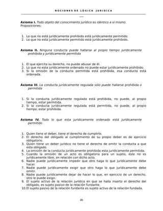 N O C I O N E S D E L Ó G I C A J U R I D I C A
_____________________________________________________________________________________________________________________
____
Axioma I. Todo objeto del conocimiento jurídico es idéntico a sí mismo.
Proposiciones:
1. Lo que no está jurídicamente prohibido está jurídicamente permitido.
2. Lo que no está jurídicamente permitido está jurídicamente prohibido.
Axioma II. Ninguna conducta puede hallarse al propio tiempo jurídicamente
prohibida y jurídicamente permitida
1. El que ejercita su derecho, no puede abusar de él.
2. Lo que no esta jurídicamente ordenado no puede estar jurídicamente prohibido.
3. Si la omisión de la conducta permitida está prohibida, esa conducta está
ordenada.
Axioma III. La conducta jurídicamente regulada sólo puede hallarse prohibida o
permitida
1. Si la conducta jurídicamente regulada está prohibida, no puede, al propio
tiempo, estar permitida.
2. Si la conducta jurídicamente regulada está permitida, no puede, al propio
tiempo, estar prohibida.
Axioma IV. Todo lo que esta jurídicamente ordenado está jurídicamente
permitido.
1. Quien tiene el deber, tiene el derecho de cumplirlo.
2. El derecho del obligado al cumplimiento de su propio deber es de ejercicio
obligatorio.
3. Quien tiene un deber jurídico no tiene el derecho de omitir la conducta a que
esta obligado.
4. La omisión de la conducta jurídicamente prohibida esta jurídicamente permitida.
5. Cuando la omisión de un acto es obligatoria para un sujeto, éste no es
jurídicamente libre, en relación con dicho acto.
6. Nadie puede jurídicamente impedir que otro haga lo que jurídicamente debe
hacer.
7. Nadie puede jurídicamente exigir que otro haga lo que jurídicamente debe
omitir.
8. Nadie puede jurídicamente dejar de hacer lo que, en ejercicio de un derecho,
otro le puede exigir.
9. El sujeto activo de la relación jurídica en que se halla inserto el derecho del
obligado, es sujeto pasivo de la relación fundante.
10.El sujeto pasivo de la relación fundante es sujeto activo de la relación fundada.
46
 