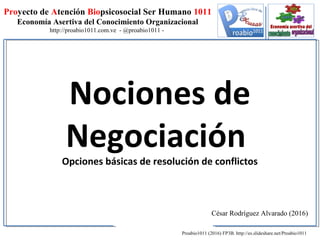 Proyecto de Atención Biopsicosocial Ser Humano 1011
Economía Asertiva del Conocimiento Organizacional
http://proabio1011.com.ve - @proabio1011 -
Nociones de
Negociación
Opciones básicas de resolución de conflictos
César Rodríguez Alvarado (2016)
Proabio1011 (2016) FP3B. http://es.slideshare.net/Proabio1011
 