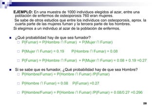28
EJEMPLO: En una muestra de 1000 individuos elegidos al azar, entre una
población de enfermos de osteoporosis 760 eran mujeres.
Se sabe de otros estudios que entre los individuos con osteoporosis, aprox. la
cuarta parte de las mujeres fuman y la tercera parte de los hombres.
Si elegimos a un individuo al azar de la población de enfermos.
 ¿Qué probabilidad hay de que sea fumador?
 P(Fumar) = P(Hombre ∩ Fumar) + P(Mujer ∩ Fumar)
 P(Mujer ∩ Fumar) = 0.19 P(Hombre ∩ Fumar) = 0.08
 P(Fumar) = P(Hombre ∩ Fumar) + P(Mujer ∩ Fumar) = 0.08 + 0.19 =0.27
 Si se sabe que es fumador, ¿Qué probabilidad hay de que sea Hombre?
 P(Hombre/Fumar) = P(Hombre ∩ Fumar) /P(Fumar)
 P(Hombre ∩ Fumar) = 0.08 P(Fumar) =0.27
 P(Hombre/Fumar) = P(Hombre ∩ Fumar) /P(Fumar) = 0.08/0.27 =0.296
 