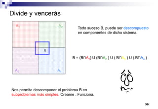 30
Divide y vencerás
A1 A2
A3 A4
B
Todo suceso B, puede ser descompuesto
en componentes de dicho sistema.
B = (B∩A1) U (B∩A2 ) U ( B∩A3 ) U ( B∩A4 )
Nos permite descomponer el problema B en
subproblemas más simples. Creame . Funciona.
 