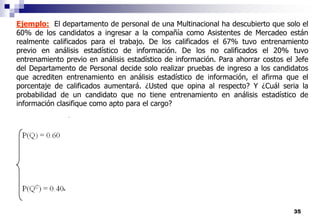 35
Ejemplo: El departamento de personal de una Multinacional ha descubierto que solo el
60% de los candidatos a ingresar a la compañía como Asistentes de Mercadeo están
realmente calificados para el trabajo. De los calificados el 67% tuvo entrenamiento
previo en análisis estadístico de información. De los no calificados el 20% tuvo
entrenamiento previo en análisis estadístico de información. Para ahorrar costos el Jefe
del Departamento de Personal decide solo realizar pruebas de ingreso a los candidatos
que acrediten entrenamiento en análisis estadístico de información, el afirma que el
porcentaje de calificados aumentará. ¿Usted que opina al respecto? Y ¿Cuál seria la
probabilidad de un candidato que no tiene entrenamiento en análisis estadístico de
información clasifique como apto para el cargo?
 