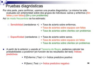 38
Pruebas diagnósticas
Por otra parte, para confirmar, usamos una prueba diagnóstica. La misma ha sido
evaluada con anterioridad sobre dos grupos de individuos: sanos y enfermos (Sin
fallas y con fallas) (Sin y con problemas)
Así de modo frecuentista se ha estimado:
 Sensibilidad (verdaderos +) = Tasa de acierto sobre enfermos.
= Tasa de aciertos sobre equipos con fallas
= Tasa de aciertos sobre clientes con problemas
 Especificidad (verdaderos -) = Tasa de acierto sobre sanos.
= Tasa de aciertos sobre equipos sin fallas
= Tasa de aciertos sobre clientes sin problemas
 A partir de lo anterior y usando el Teorema de Bayes, podemos calcular las
probabilidades a posteriori (en función de los resultados del test): Índices
predictivos
 P(Enfermo | Test +) = Índice predictivo positivo
 P(Sano | Test -) = Índice predictivo negativo
 