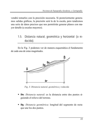 Nociones de Topografía, Geodesia y Cartografía
10
vendrá tomarlos con la precisión necesaria. Si posteriormente genera-
mos salidas gráficas, la precisión será la de la escala, pero tendremos
una serie de datos precisos que nos permitirán generar planos con ma-
yor detalle (a escalas mayores).
1.5. Distancia natural, geométrica y horizontal (o re-
ducida).
En la Fig. 3 podemos ver de manera esquemática el fundamento
de cada una de estas magnitudes.
Fig. 3: Distancia natural, geométrica y reducida
• Dn: Distancia natural: es la distancia entre dos puntos si-
guiendo el relieve del terreno.
• Dg: Distancia geométrica: longitud del segmento de recta
que une los dos puntos.
 