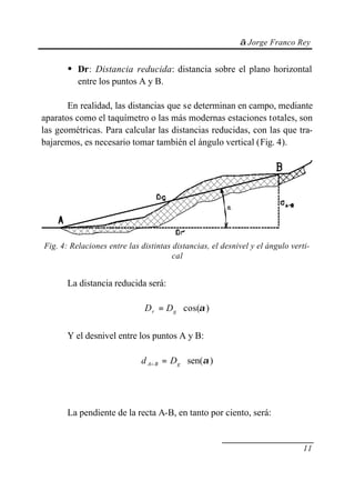 © Jorge Franco Rey
11
• Dr: Distancia reducida: distancia sobre el plano horizontal
entre los puntos A y B.
En realidad, las distancias que se determinan en campo, mediante
aparatos como el taquímetro o las más modernas estaciones totales, son
las geométricas. Para calcular las distancias reducidas, con las que tra-
bajaremos, es necesario tomar también el ángulo vertical (Fig. 4).
Fig. 4: Relaciones entre las distintas distancias, el desnivel y el ángulo verti-
cal
La distancia reducida será:
)cos(α⋅= gr DD
Y el desnivel entre los puntos A y B:
)sen(α⋅=− gBA Dd
La pendiente de la recta A-B, en tanto por ciento, será:
 