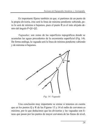 Nociones de Topografía, Geodesia y Cartografía
26
Es importante fijarse también en que, si partimos de un punto de
la propia divisoria, ésta será la línea de máxima pendiente subiendo, pe-
ro lo será de mínima si bajamos, pues el punto R es el más alejado de-
ntro del ángulo P-Q1-Q2.
Vaguadas: son zonas de las superficies topográficas donde se
acumulan las aguas procedentes de la escorrentía superficial (Fig. 14).
De forma análoga, la vaguada será la línea de mínima pendiente subiendo
y de máxima si bajamos.
Fig. 14: Vaguada
Una conclusión muy importante se extrae si tenemos en cuenta
que en los puntos Q y R de las Figuras 13 y 14 el radio de curvatura es
máximo, por lo que deducimos que las divisorias y las vaguadas son lí-
neas que pasan por los puntos de mayor curvatura de las líneas de nivel,
 